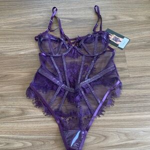 Roma Purple Lace and faux leather Bodysuit